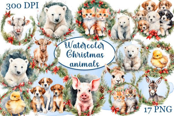 Christmas Animals Wreath Watercolor Illustrations