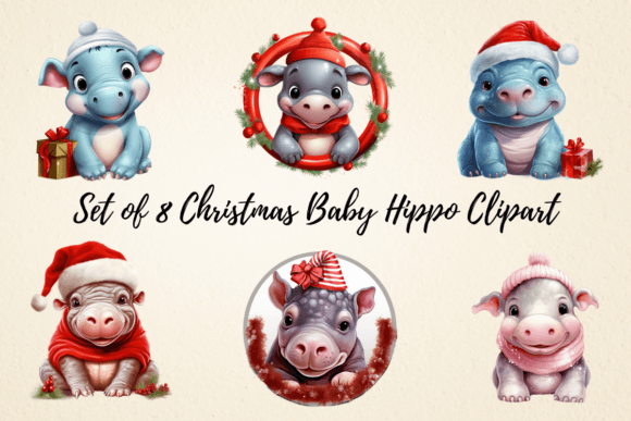 Christmas Baby Hippo Clipart: Branding & Illustrations