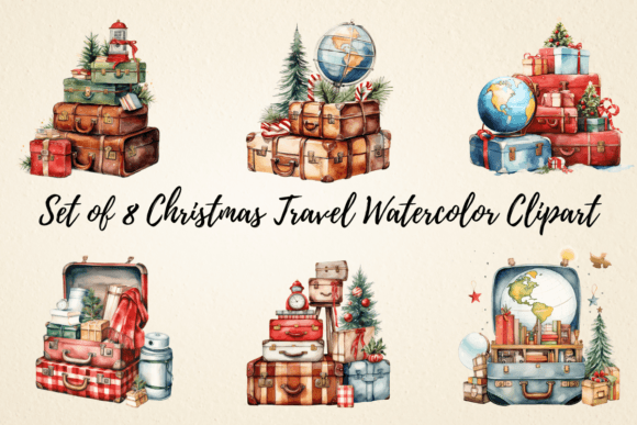 Christmas Travel Watercolor Clipart Illustrations