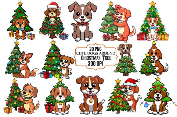 Cute Dogs Around a Christmas Tree Illustrations Review