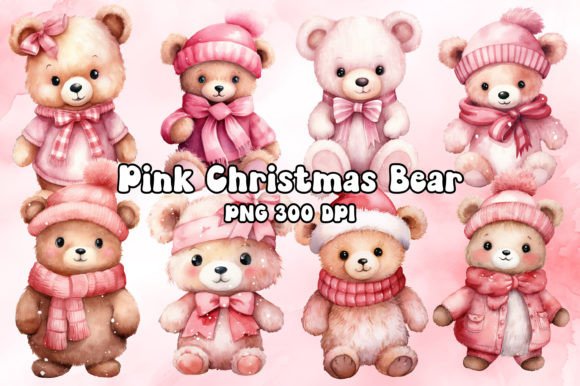 Pink Christmas Bear Illustrations for Festive Branding