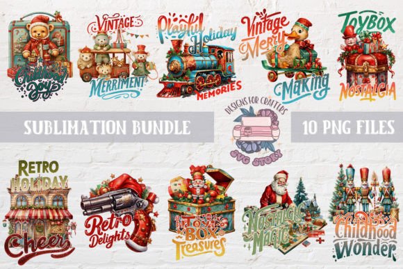 Retro Christmas Bundle PNG Sublimation Illustrations