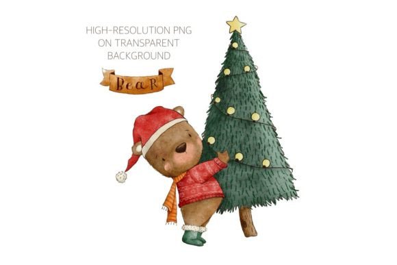 Watercolor Baby Bear and Christmas Tree Illustrations