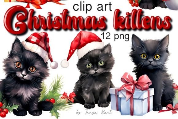 Watercolor Christmas Cat Clipart Bundle: Illustrations