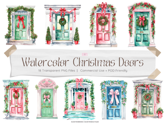 Watercolor Christmas Door PNG Clip Art & Illustrations