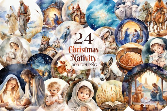 Watercolor Christmas Nativity Ornaments Illustrations